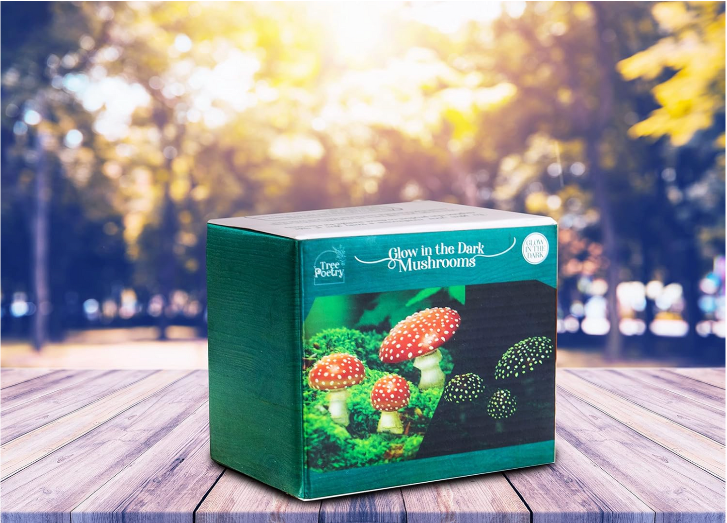 Tree Poetry glow in the dark mushroom figurine in eco-friendly recyclable packaging box ready for gifting