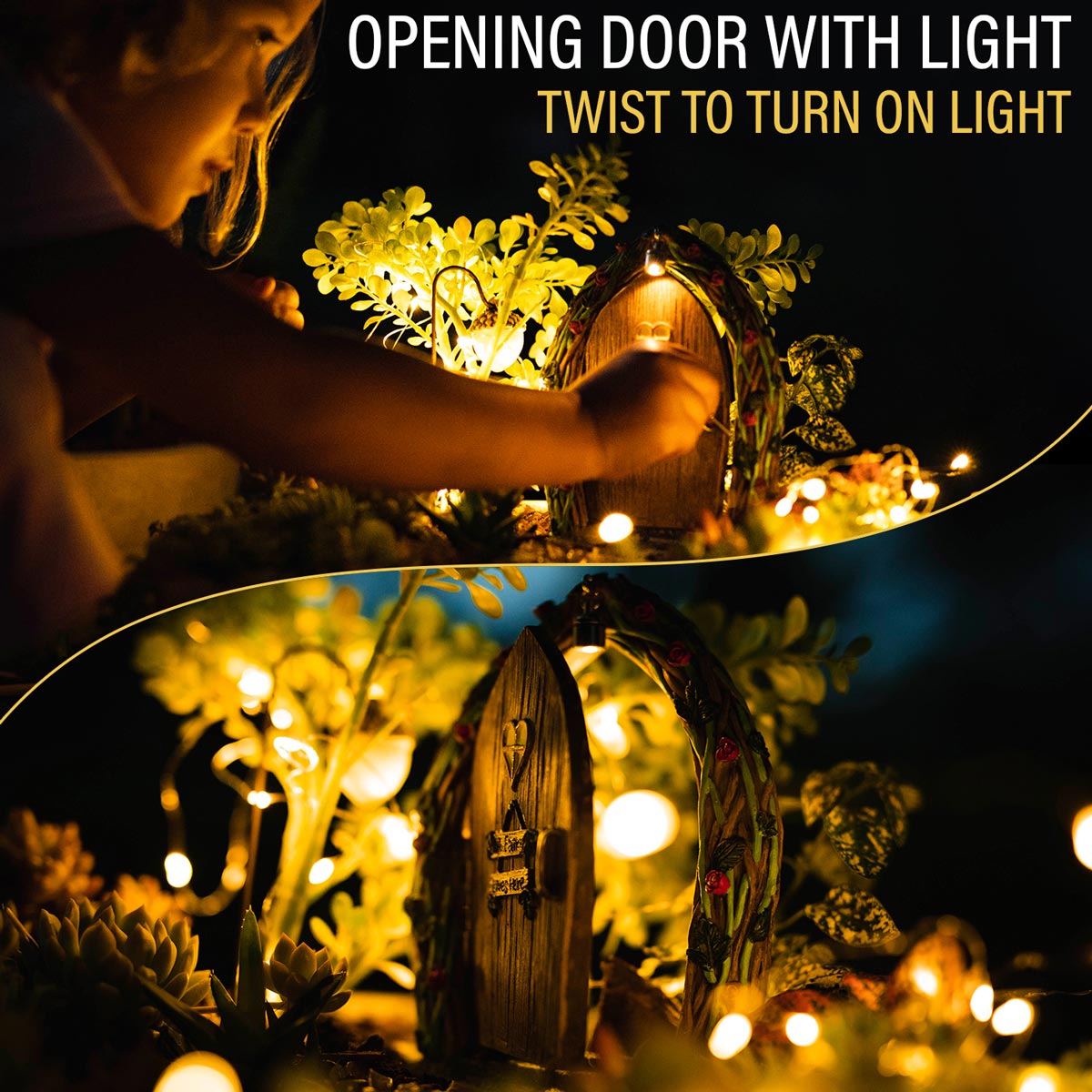Tree Poetry opening fairy door and window set with mounting screws shown alongside product on a neutral background