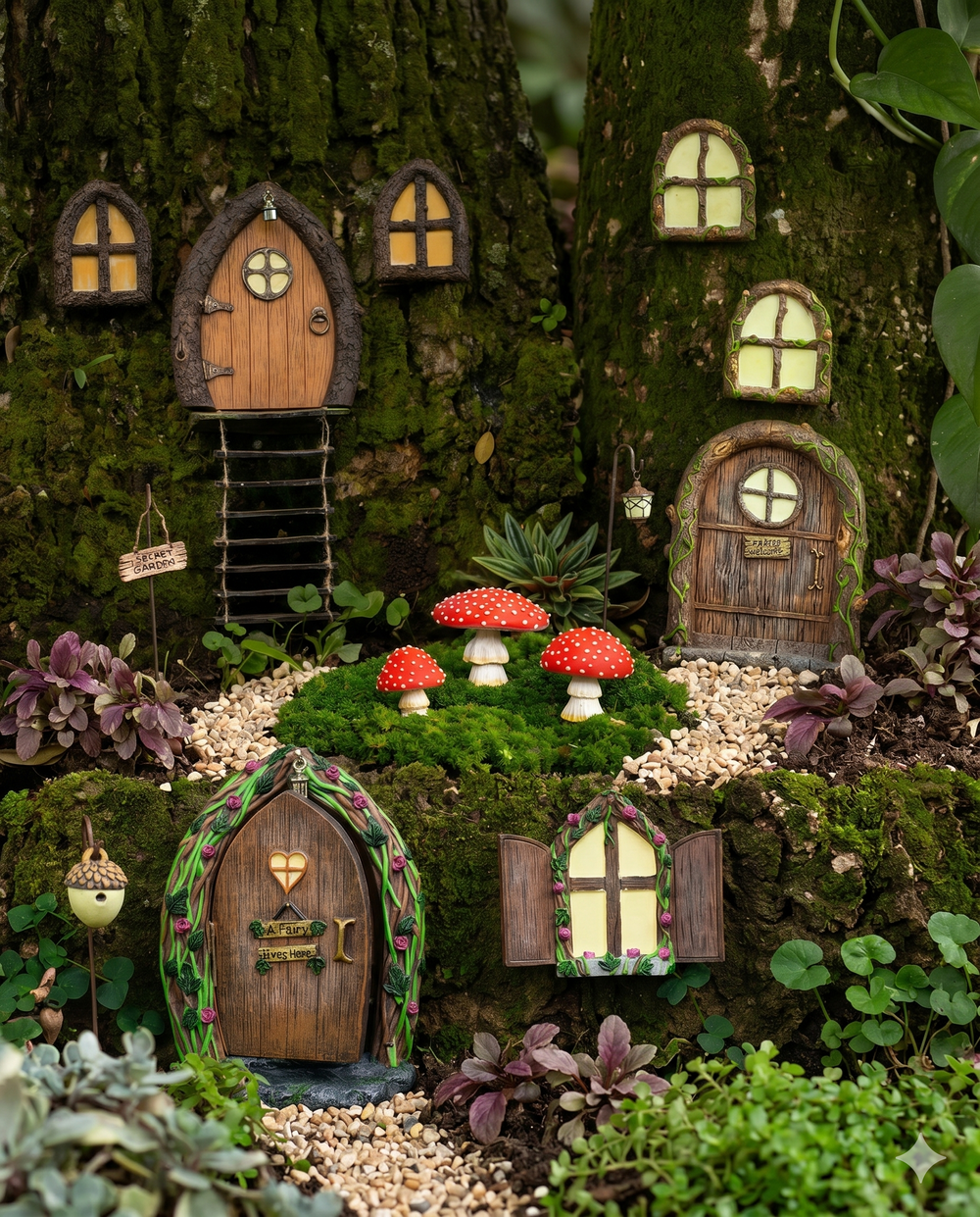 Hand-painted fairy door, window and Secret Garden sign set nestled at the base of a mossy garden tree
