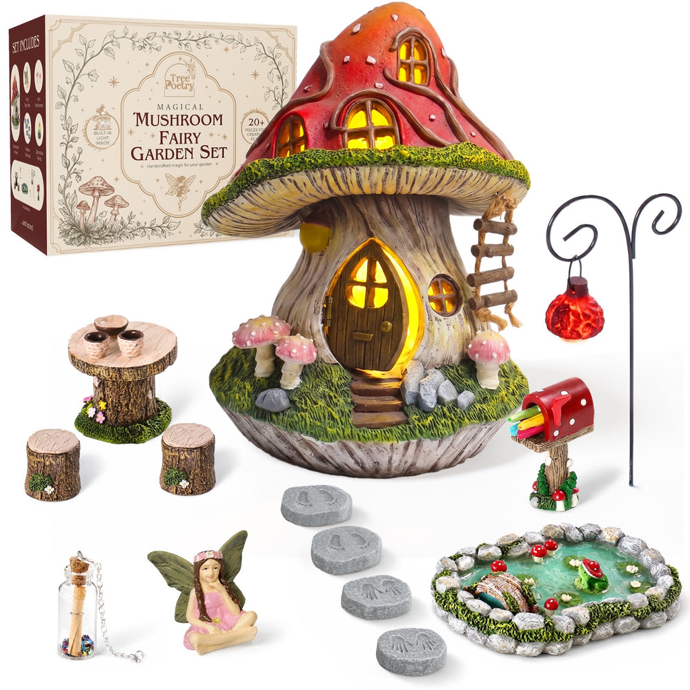 Magical Mushroom Fairy Garden Set — Solar Fairy House with 20+ Pieces