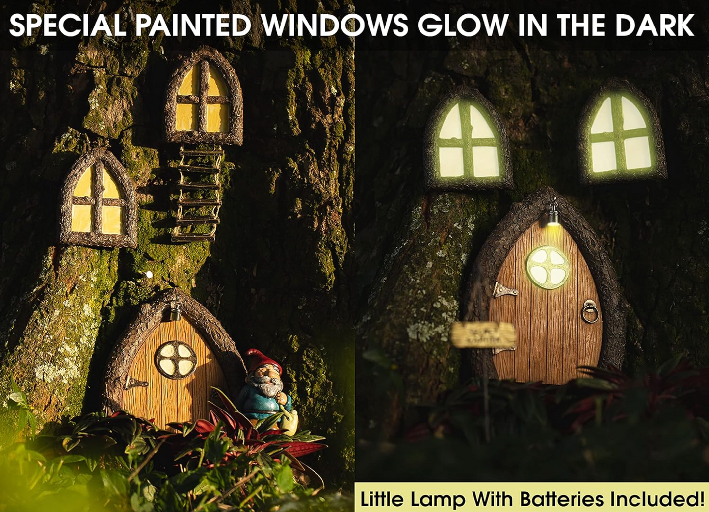 Fairy door and window set glowing softly at night mounted on a tree, with Secret Garden sign lit from below