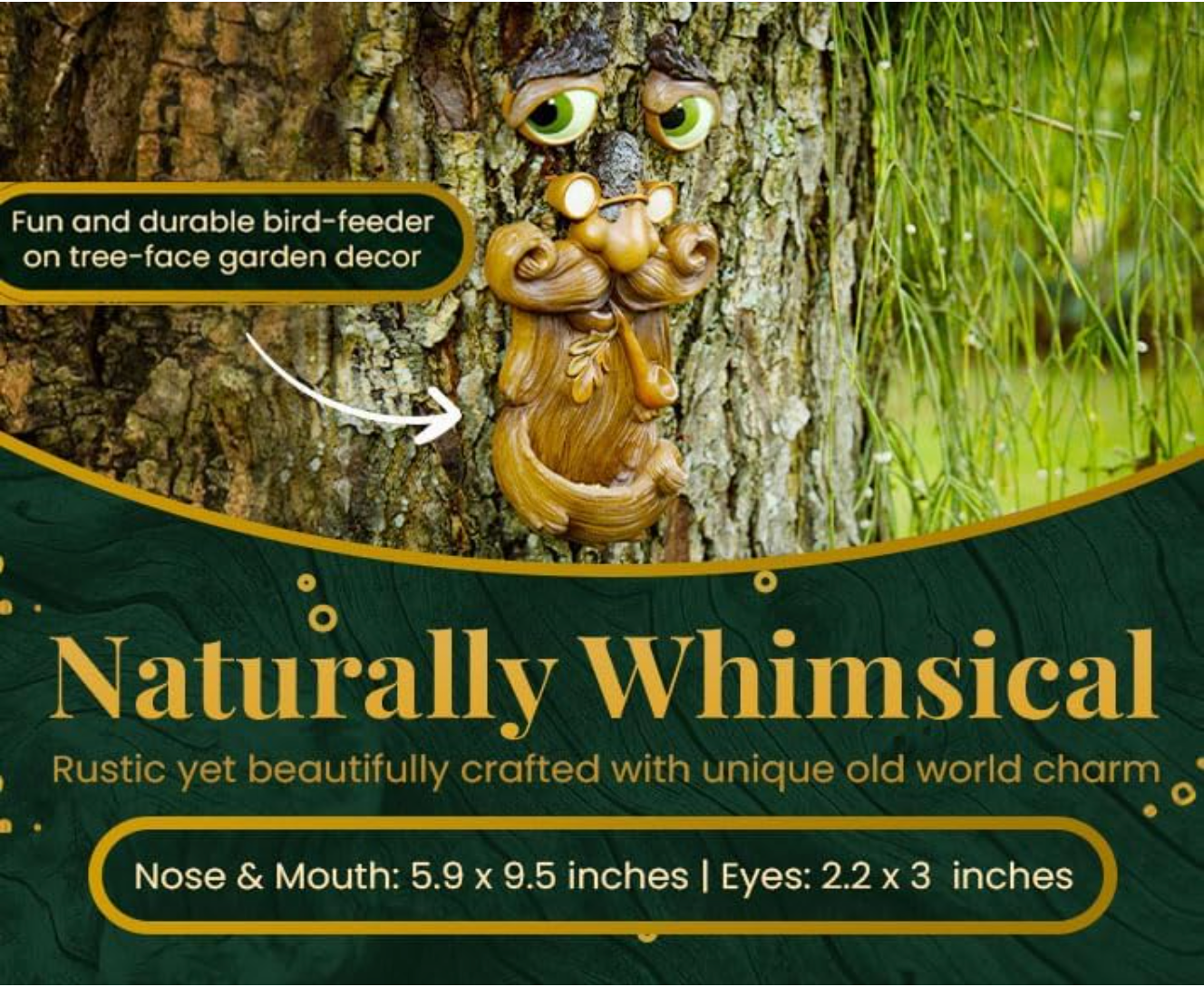 Whimsical old man brown tree face bird feeder in a natural garden setting surrounded by green foliage and dappled sunlight