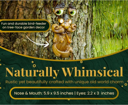 Whimsical old man brown tree face bird feeder in a natural garden setting surrounded by green foliage and dappled sunlight