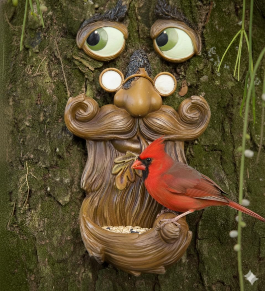 Tree Poetry old man brown tree face bird feeder mounted on a tree with a red cardinal perched on the seed tray