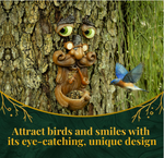 Old man brown tree face bird feeder on a tree trunk with a blue bird resting on the integrated seed tray