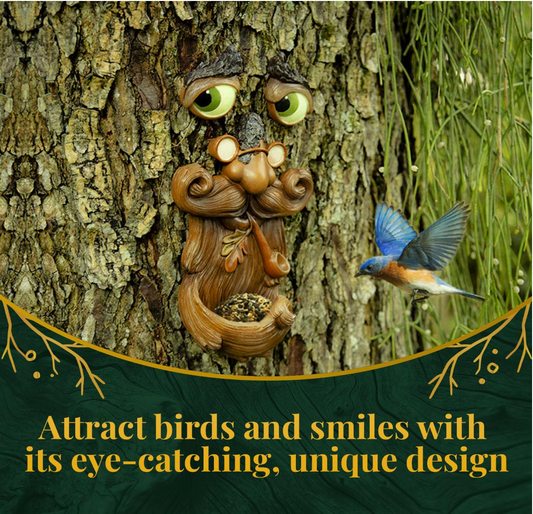 Old man brown tree face bird feeder on a tree trunk with a blue bird resting on the integrated seed tray