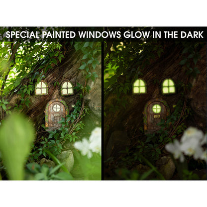 Close-up of enchanted fairy door kit showing hand-painted climbing vines, arched glow in the dark windows and Fairies Welcome sign