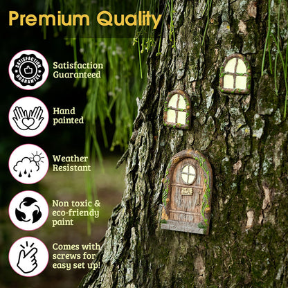 Enchanted fairy door and two glow in the dark windows photographed at night on a tree showing soft luminescent glow