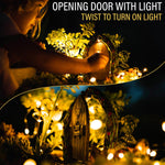 Tree Poetry opening fairy door and window set with mounting screws shown alongside product on a neutral background