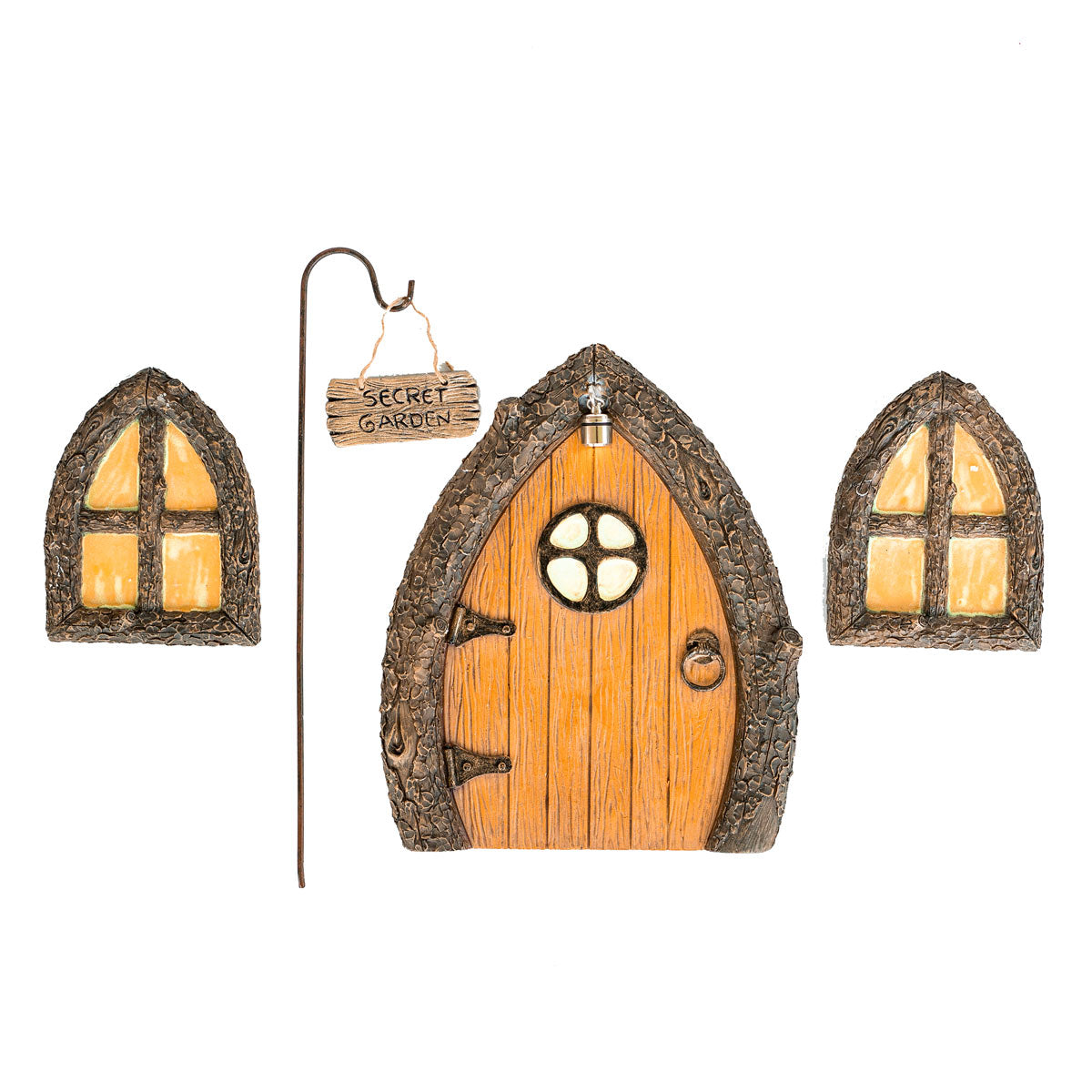 Hand-painted fairy door, window, and Secret Garden sign set displayed together on a mossy garden tree base