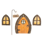 Hand-painted fairy door, window, and Secret Garden sign set displayed together on a mossy garden tree base