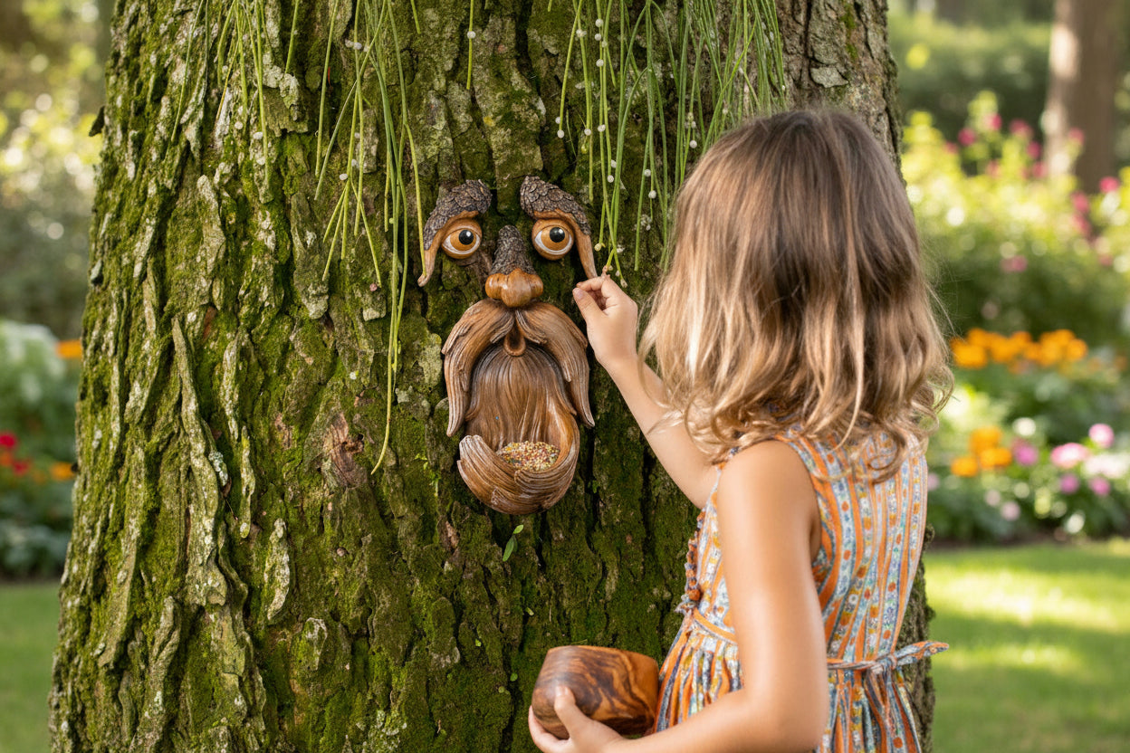 Tree face bird feeder shown from a low angle on a tree, illustrating how it blends into natural bark surroundings