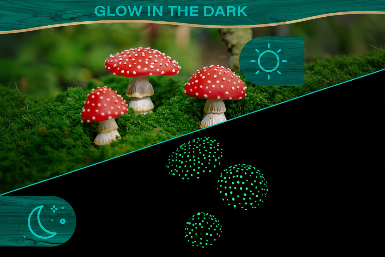 Tree Poetry glow in the dark mushroom figurine close-up showing hand-painted details and vibrant red cap with white spots