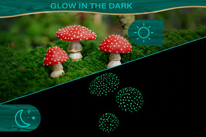 Tree Poetry glow in the dark mushroom figurine close-up showing hand-painted details and vibrant red cap with white spots