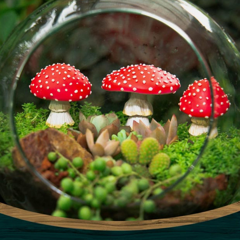 Glow in the dark mushroom figurines from the Enchanted Fairy Garden Starter Kit photographed at night showing soft green-white glow